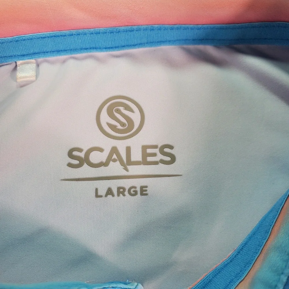 Scales Mens Performance Polo Shirt Large Blue Sunset Nautical Fishing Short Slv